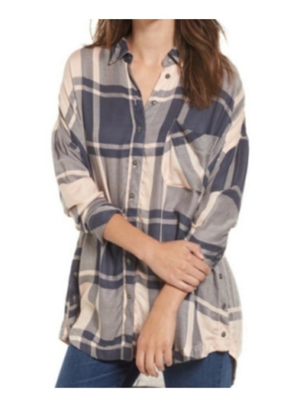 Free People Oversized Plaid Flannel Button Up Shirt Size XS